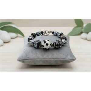 Sterling Silver 925 Lampwork Glass Bead Bracelet Black White Toggle 7in